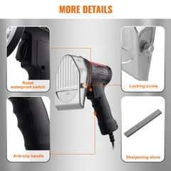 Electric shawarma knife with two stainless steel blades and adjustable thickness for slicing kebabs.