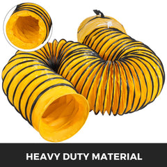 Yellow 12" x 25ft PVC flexible ducting hose with reinforced construction and quick-connect ropes.