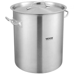 Silver 42-quart stainless steel stockpot with lid strainer and riveted handles.