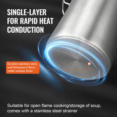 Silver 42-quart stainless steel stockpot with lid and integrated strainer.