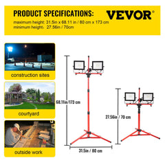 Red VEVOR dual-head LED work light on adjustable tripod stand, 27.6-68 inches tall, for construction sites, courtyards, and outdoor work.