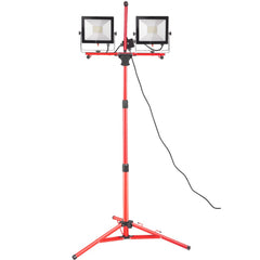 Red tripod stand with two adjustable LED floodlights and power cord.