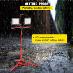 Bostome 5000 Lumen LED work light with dual heads and adjustable tripod stand for versatile use.