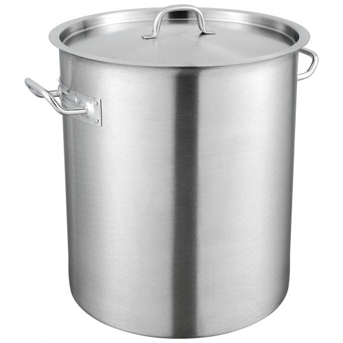 Silver 42-quart stainless steel stockpot with lid and handles.