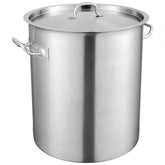 Silver 42-quart stainless steel stockpot with lid and handles.
