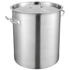 Silver 42-quart stainless steel stockpot with lid and handles.