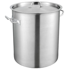 Silver 42-quart stainless steel stockpot with lid and handles.