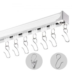 White aluminum ceiling curtain track set, 8.9 feet long, with hooks and clips.