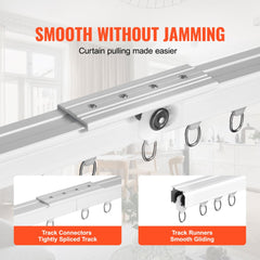 White aluminum ceiling curtain track set, 8.9 feet long, with hooks and smooth gliders.