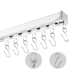 White aluminum ceiling curtain track set, 8.9 feet long, with hooks and clips.