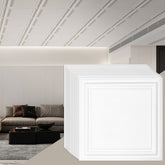 White polystyrene ceiling tiles in a 16-pack, each measuring 20x20 inches, for easy installation.