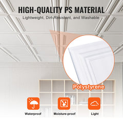 White polystyrene ceiling tiles in a 16-pack, measuring 20x20 inches each, for easy installation.