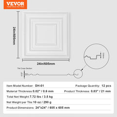 Diagram of 24x24 inch white PVC ceiling tiles showing dimensions, 0.02-inch thickness, 3.6 kg net weight, and 12-pack quantity.