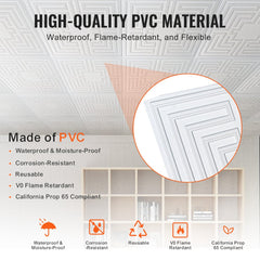White 24x24 inch PVC ceiling tiles with echo pattern, waterproof and flame-retardant, 12-pack.
