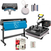 Bostome 6-in-1 heat press and vinyl cutter plotter machine combo with LCD controls and accessories.