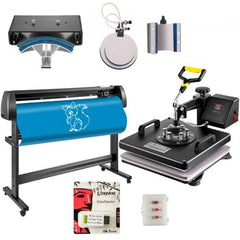 Bostome 6-in-1 heat press and vinyl cutter plotter machine combo with LCD controls and accessories.