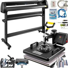 Bostome 8-in-1 heat press and 53" vinyl cutter plotter machine kit with multiple attachments.