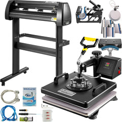 Bostome 8-in-1 heat press and 28" vinyl cutter plotter machine with digital panel and attachments.