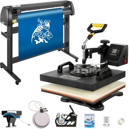 Bostome 5-in-1 heat press and 53" vinyl cutter plotter combo with various pressing options.