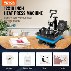 12x10 inch swing-away heat press machine for t-shirt sublimation on clothes, bags, pillows, and puzzles.