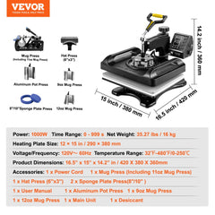 8-in-1 heat press machine with 12x15 inch platen for T-shirts, mugs, and more.