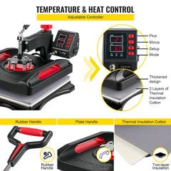 Red Bostome 8-in-1 heat press with digital controller, rubber handle, and thermal insulation layers.