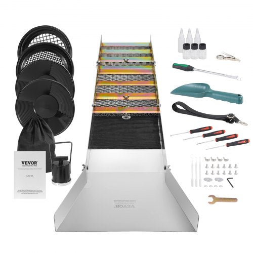50-inch folding gold sluice box kit with 23 pieces of gold panning equipment and shoulder straps.