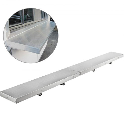 96x12 inch stainless steel folding concession shelf with brackets, shown mounted and extended.
