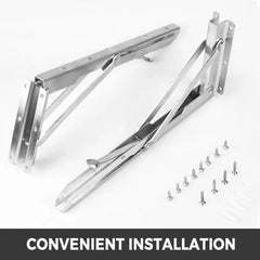 Pair of stainless steel folding shelf brackets with screws for wall mounting.