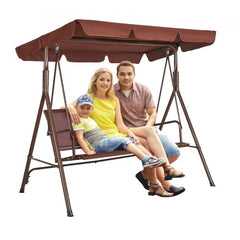 Brown steel frame 3-seat patio swing chair with adjustable canopy and breathable fabric.