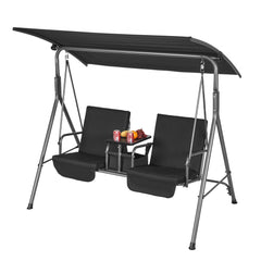 Black 2-seat patio swing chair with adjustable canopy and storage bag for outdoor use.