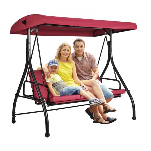 Bostome 3-seat patio swing chair in burgundy with adjustable canopy and removable cushions.