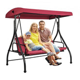 Bostome 3-seat patio swing chair in burgundy with adjustable canopy and removable cushions.