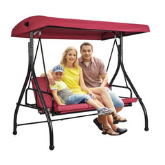 Bostome 3-seat patio swing chair in burgundy with adjustable canopy and removable cushions.