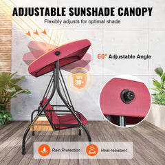 Bostome 3-seat patio swing chair in burgundy with adjustable canopy and removable cushions.