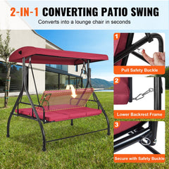Bostome 3-seat patio swing chair in burgundy with adjustable canopy and waterproof cushions.