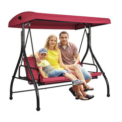 Bostome 3-seat patio swing chair in burgundy with adjustable canopy and plush waterproof cushions.