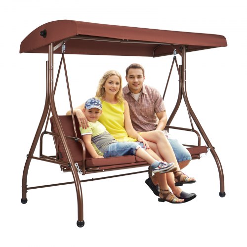 Brown 3-seat patio swing chair with adjustable canopy and removable cushions for outdoor relaxation.