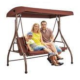 Brown 3-seat patio swing chair with adjustable canopy and removable cushions for outdoor relaxation.