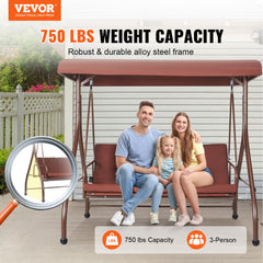 Brown 3-seat patio swing chair with adjustable canopy and removable waterproof cushions.