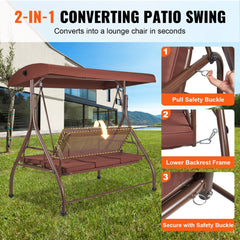 Brown 3-seat patio swing chair with adjustable canopy and removable cushions for outdoor relaxation.