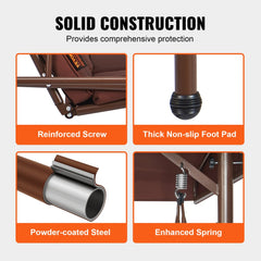 Brown 3-seat patio swing chair with adjustable canopy and removable cushions for outdoor relaxation.