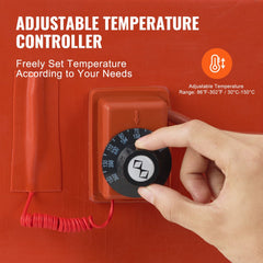 A silicone blanket drum heater for 55-gallon drums, 1200W with adjustable temperature from 86 to 302°F.