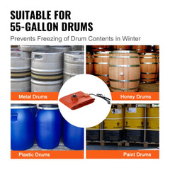 A silicone blanket drum heater for 55-gallon drums, 1200W power, adjustable from 86 to 302°F.
