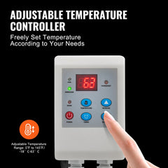 White adjustable temperature controller displaying 63°F with buttons and a hand adjusting it.