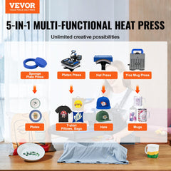 Blue 5-in-1 heat press machine with attachments for hats, mugs, plates, and shirts.