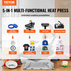 5-in-1 heat press machine with a 12"x15" digital display for T-shirts and mugs.