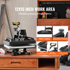 A 5-in-1 heat press machine with a 12"x15" surface for printing on various items.