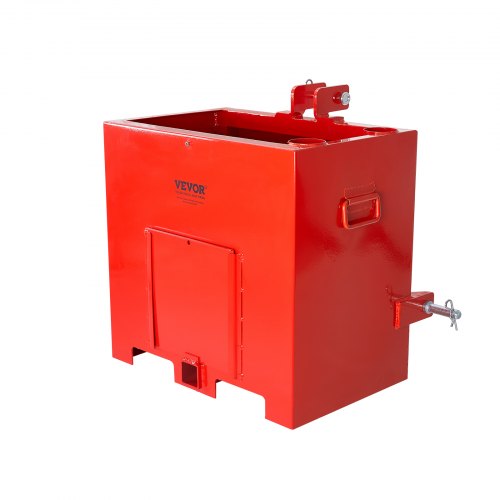 Red steel 3-point tractor ballast box with 800lbs capacity and sliding door for easy emptying.