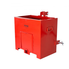 Red steel 3-point tractor ballast box with 800lbs capacity and sliding door for easy emptying.